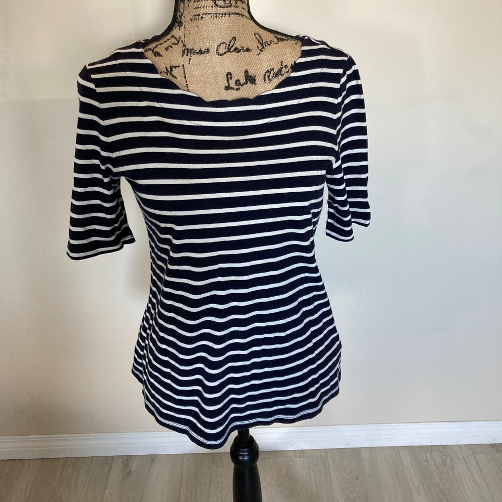 Talbots Breton Stripe Nautical 100% Pima Cotton Blouse Scalloped Neckline Sz MP